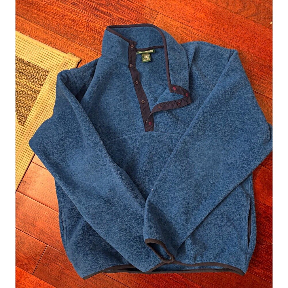L.L.Bean Blue Fleece Mock Neck 1/4 Button Pullover Sweatshirt Pockets S